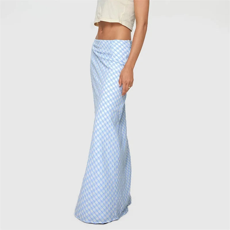 LIZAKOSHT  -  y2k Long Skirt Women Summer Grunge Clothes Sky Blue Plaid Print Low Waist Straight Loose Skirts Ladies Club Streetwear