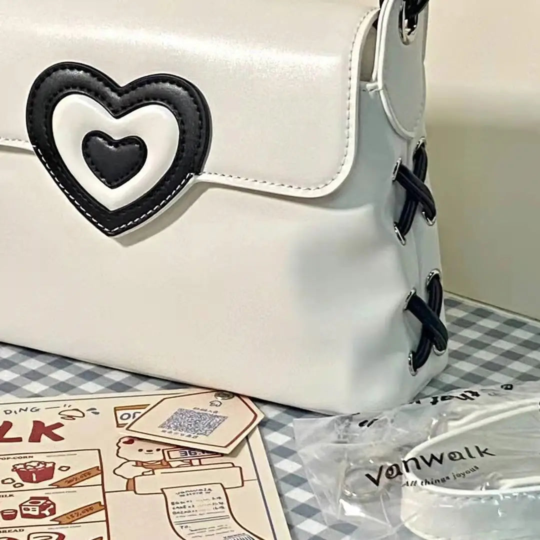 LIZAKOSHT  -  Korean Y2k Aesthetic Love Heart High Street PU Leather Shoulder Bag Harajuku Vintage Ladies Handbag Fashion Vintage Designer Bag