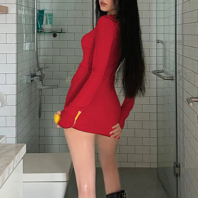 LIZAKOSHT  -  Long Sleeve Casual Solid Color 2025 Women Club Mini Bodycon Dress Round Collar Tight Fit Ladies Spring Sheer Festival Vestidos