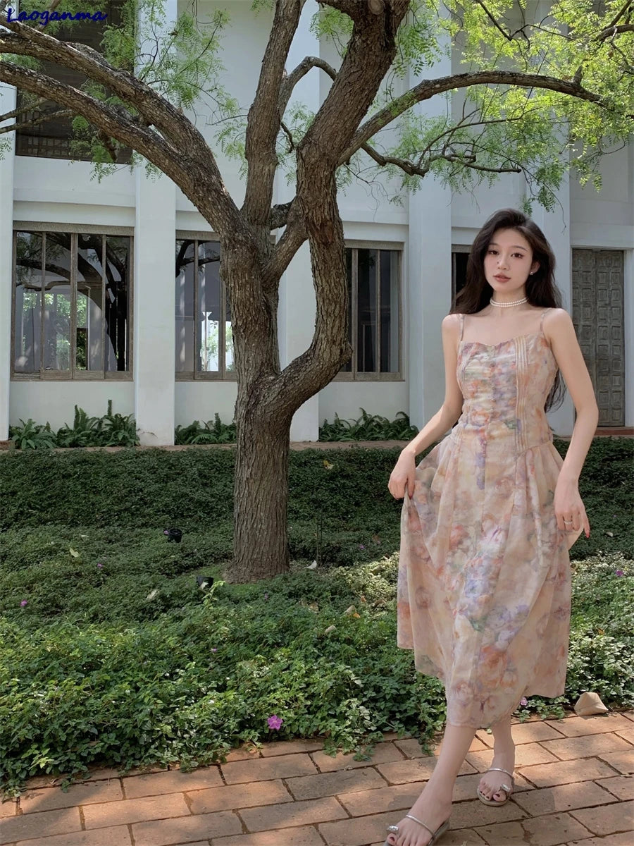 LIZAKOSHT  -  French Style Fairy Romantic Floral Printed Camisole Dress Ladies New Casual Beach Holiday Dresses Summer Midi Women Robe
