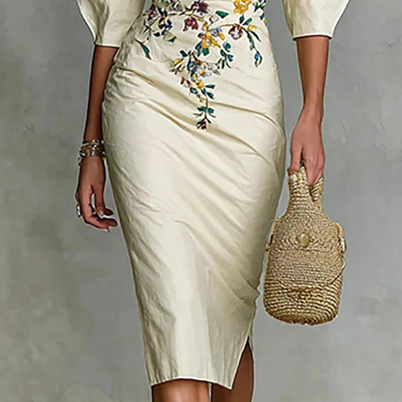 LIZAKOSHT  -  Spring Elegant Floral Print Slim Female Clothing Sexy Slash Neck Hollow Slit Party Dresses Woman Casual Half Sleeve Autumn Dress