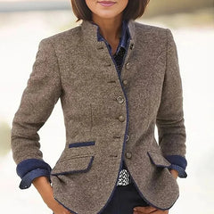 LIZAKOSHT  -  Retro Color Blocked Single Breasted Slim Jacket Lady Turtleneck Long Sleeved Commuting Coat Winter Elegant Pocket Short Outwear