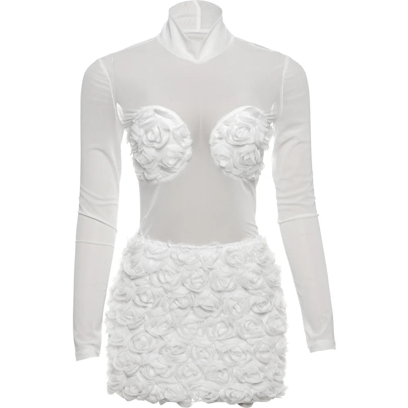 LIZAKOSHT  -  Flower Folds Decorated 2 Piece Set Women o-Neck Mesh Patchwork Full Sleeve Skinny Bodysuits+Mini Skirts Matching Suits