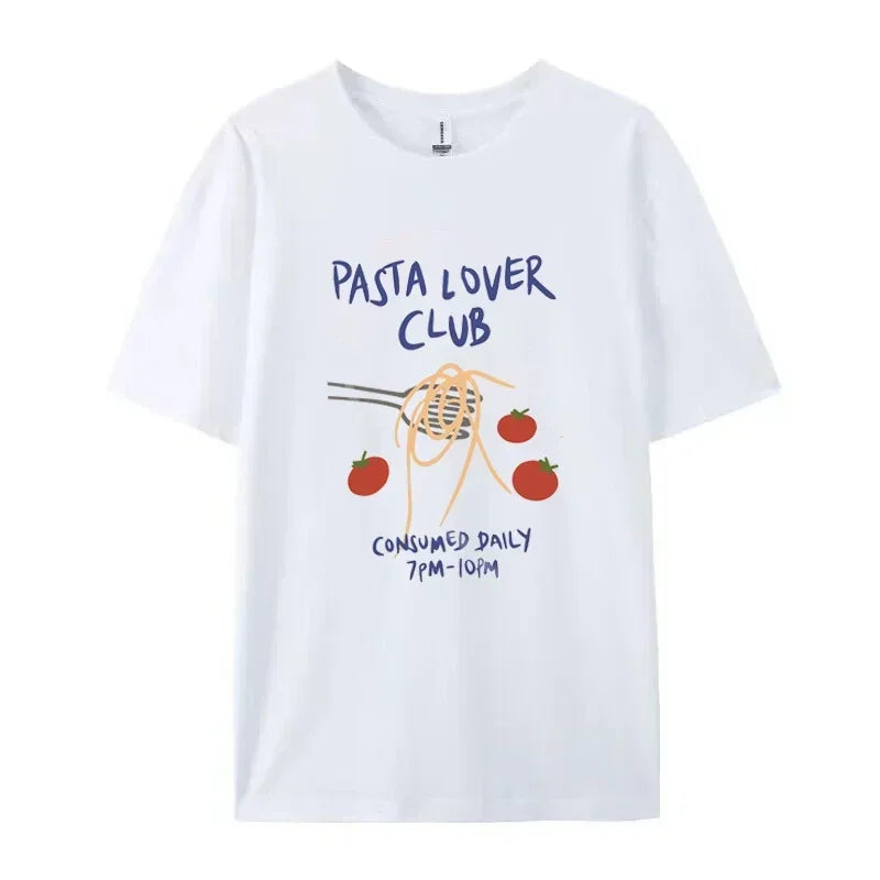 LIZAKOSHT  -  Women Pasta Lover Club Graphic T-Shirt Retro Fruit Print Tee Short Sleeve Fashion Top Oversized Harajuku Y2k Streetwear T-Shirts