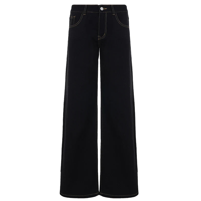 LIZAKOSHT  -  Retro Black Loose Wide Leg Denim Jeans Women's All-Match Low Waist Trousers Y2K Streetwear Denim Trousers Casual Outfit