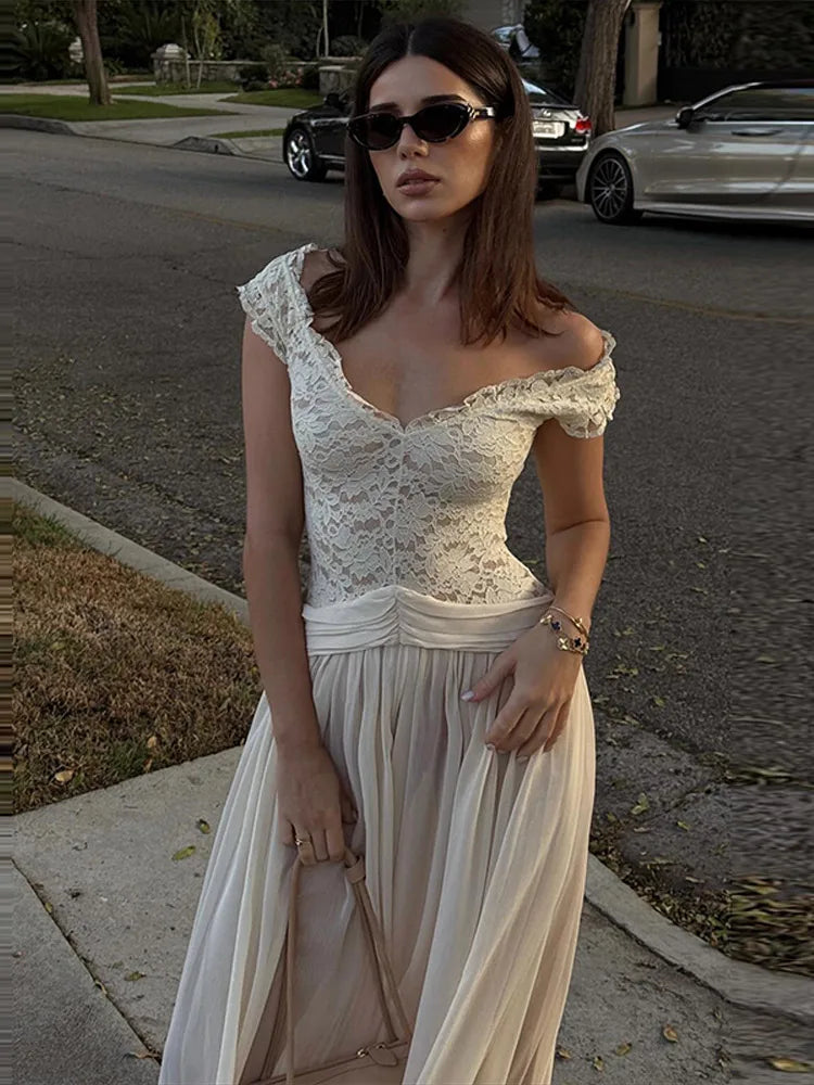 LIZAKOSHT  -  Women's Dresses Elegant Long Dresses Evening Dress Off-Shoulder Sheer V-Neck Lace Maxi Dress Formal Gown Woman Clothes Outerwear