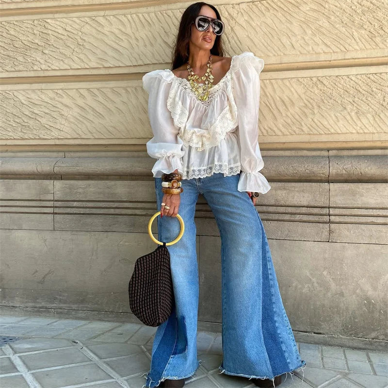 LIZAKOSHT  -  Sexy Off-Shoulder Lace Patchwork T-Shirt Top Women Lantern Sleeve Fashion Casual Solid Female T-shirt Top Streetwear