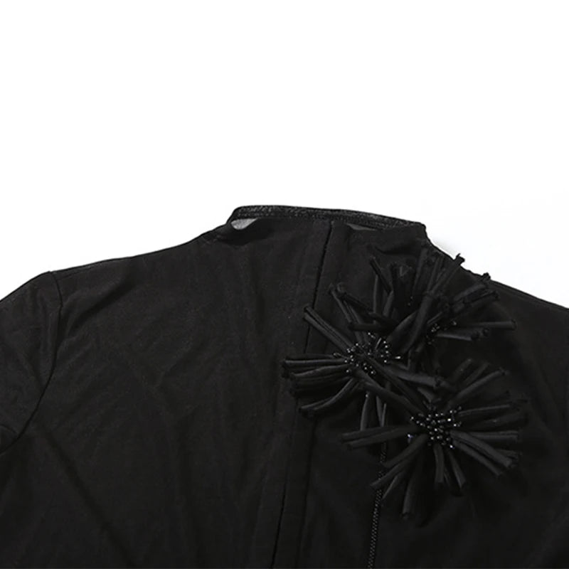 LIZAKOSHT  -  Vintage Sexy Single Breasted 3D Flower See-through Half High Collar Short-sleeved T Shirt Party Street Casual Slim Fit Tops