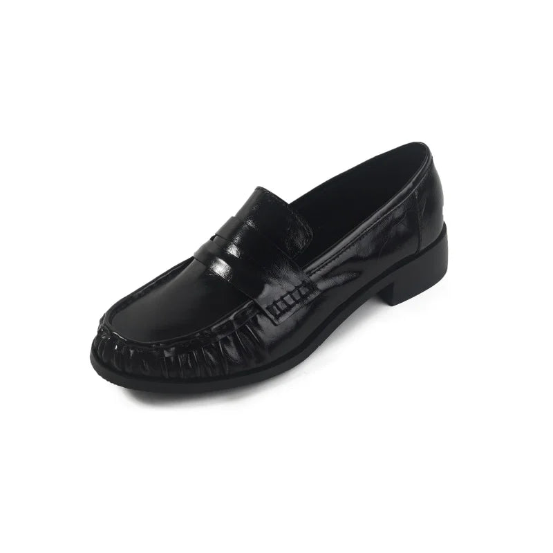 LIZAKOSHT  -  Genuine Leather Shoes Ruched Loafers Women Round Toe Slip On Low Heel Women Daily Office Vintage Shoes