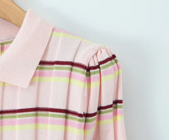 LIZAKOSHT  -  Women Pink Stripes Open Buttons Polo Collar Rib Knitted Short Sleeve Sweater Pullovers Knitwear All Match Knitting Tops Jumper