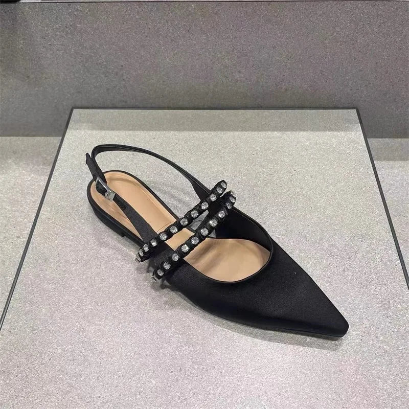 LIZAKOSHT  -  black pink silk slingback sandals women designer pointed toe crystal band summer shoes woman back strap sandalias mujer size 43