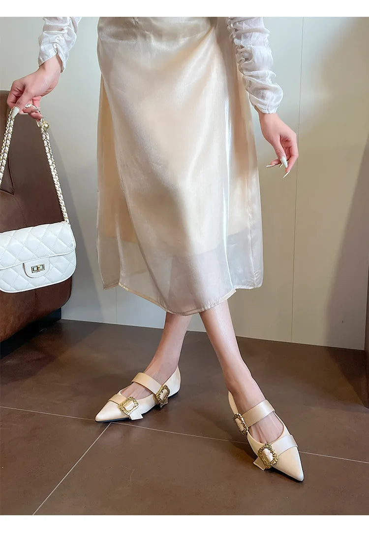LIZAKOSHT  -  elegant ladies rhinestone buckle flats women pointed toe silk ballerina shoes low heel height increasing crystal loafers size 43