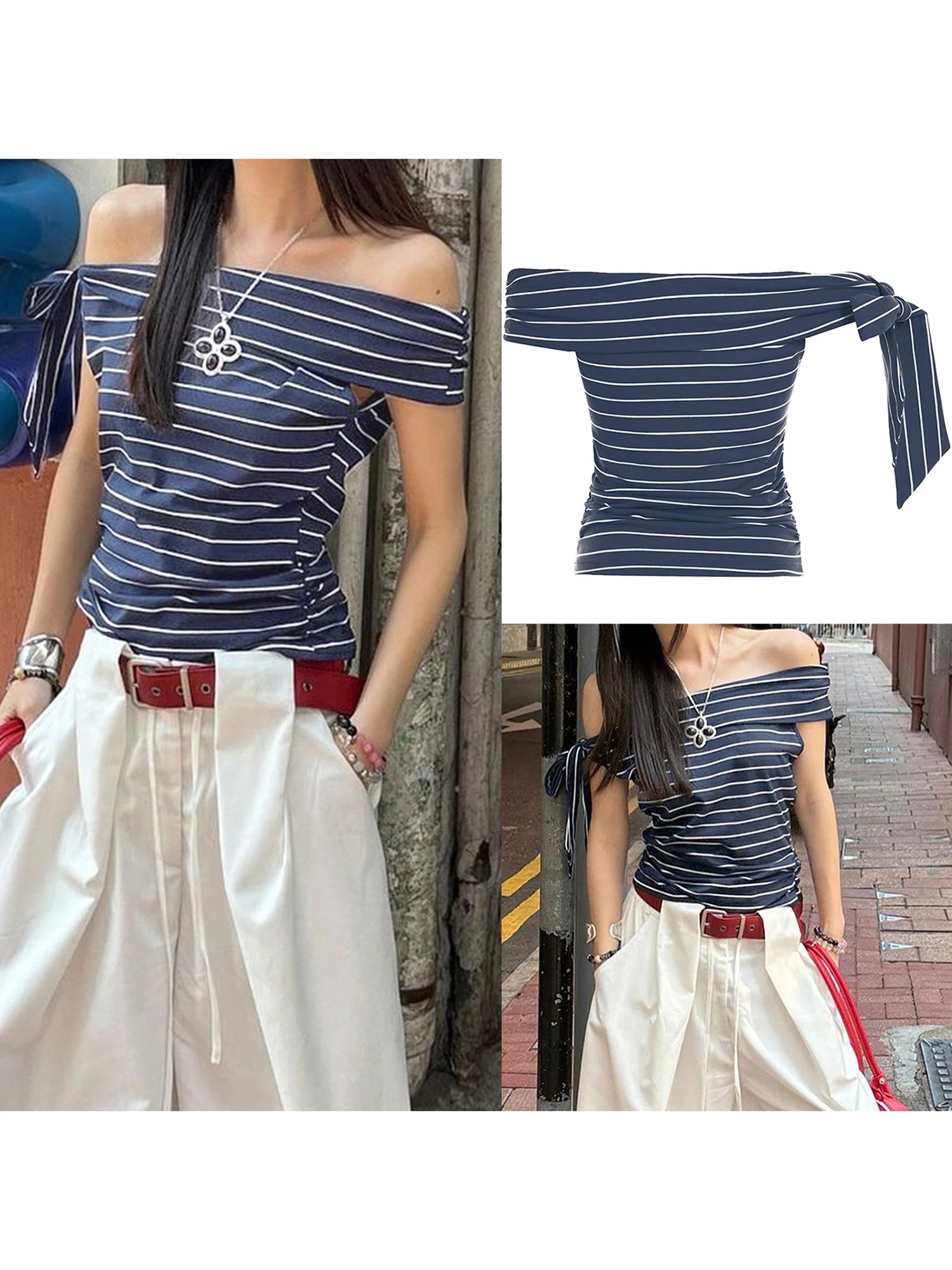 LIZAKOSHT  -  Women s Striped Off Shoulder Crop Top with Side Tie-up and Backless Design - Short Sleeve Fitted T-Shirt for a Stylish Look