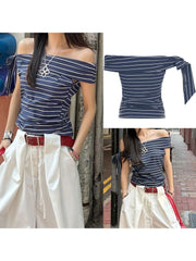 LIZAKOSHT  -  Women s Striped Off Shoulder Crop Top with Side Tie-up and Backless Design - Short Sleeve Fitted T-Shirt for a Stylish Look