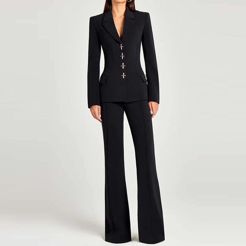 LIZAKOSHT  -  Women's Casual Commuting Solid 3 Piece Suit Elegant Button Long Sleeve Outfits Fashion Vest Top & Long Pant & Blazer Coats Sets