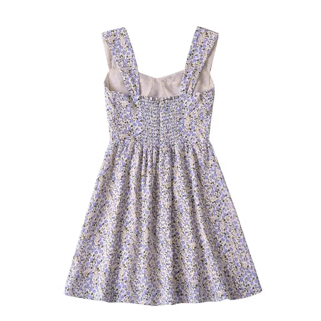 LIZAKOSHT  -  European and American Style Women's New Floral Print Heart-shaped Collar Waist Slim Strap Dress