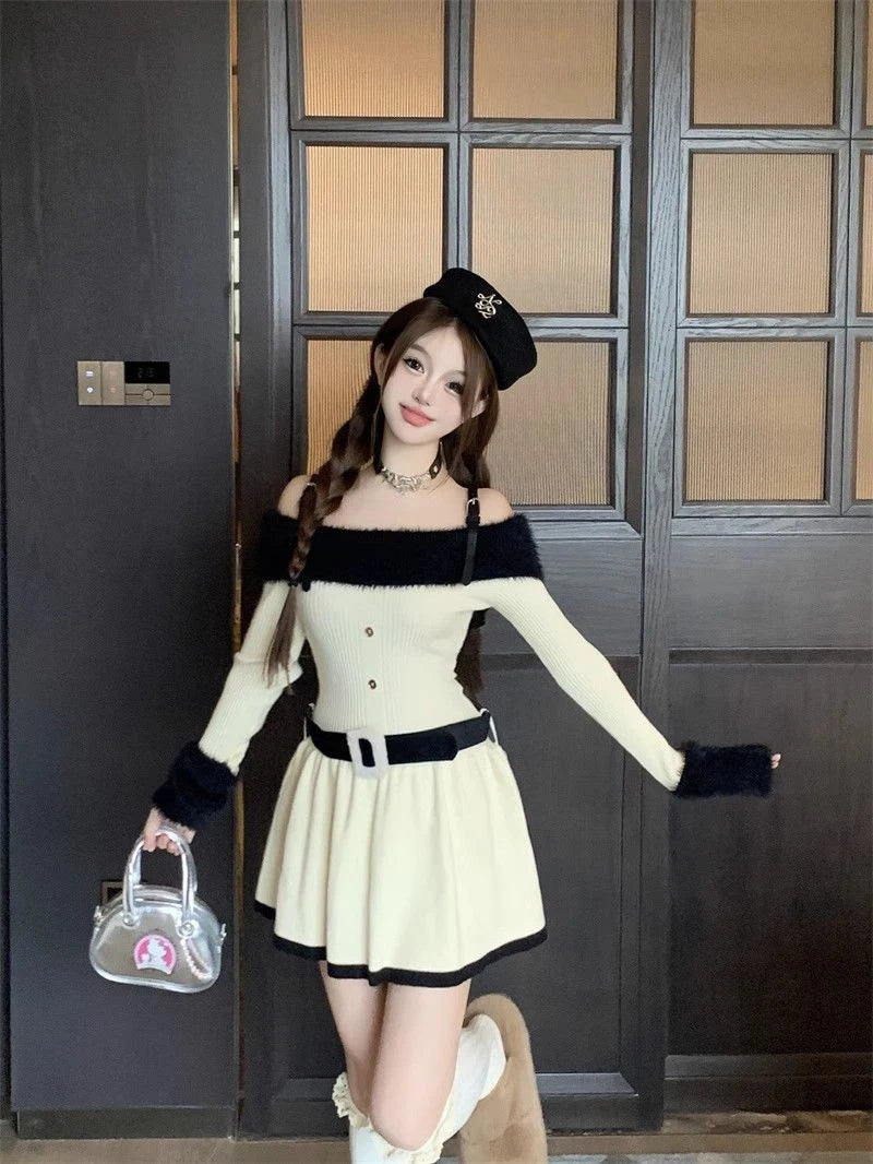 LIZAKOSHT  -  Women Knitted Mini Dress Autumn Hottie Slash Neck Patchwork Fashion Camisole Dresses Off Shoulder Belt Button Casual Vestidos