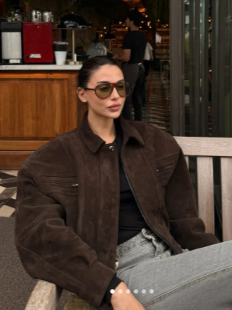LIZAKOSHT  -  Elegant Camel Cropped Suede Jacket Women Lapel Full Sleeve Pocket Zipper Short Coat New Causal Autumn Lady Daily Streetwear 2025