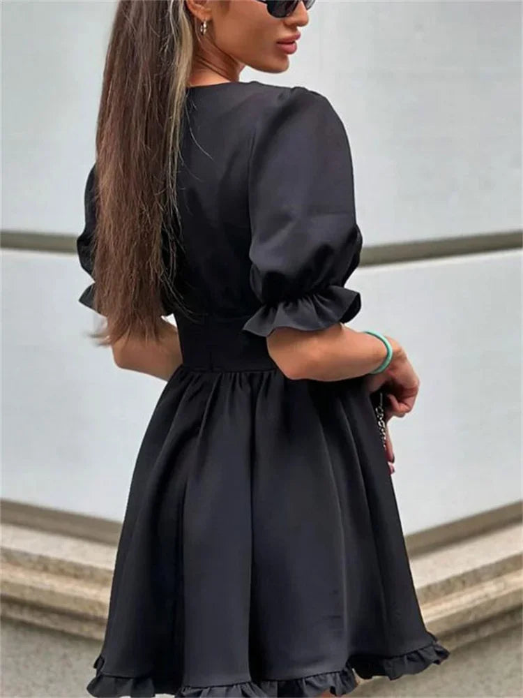 LIZAKOSHT  -  Summer Black V-Neck Mini Dress For Women Ruffled High Waist Slim Commute Elegant Party Dress Female Solid Bodycon Dress