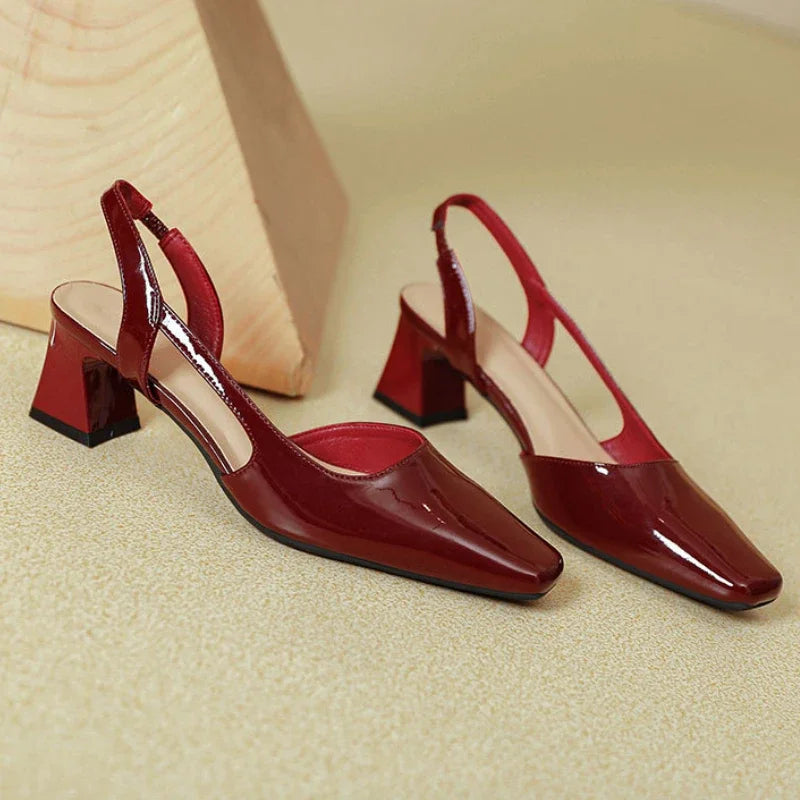 LIZAKOSHT  -  Patent Leather Chunky Sandals Women Square Toe Pumps Elegant Office Women Shoes Comfort Leisure Fashion High Heels Sandals Women