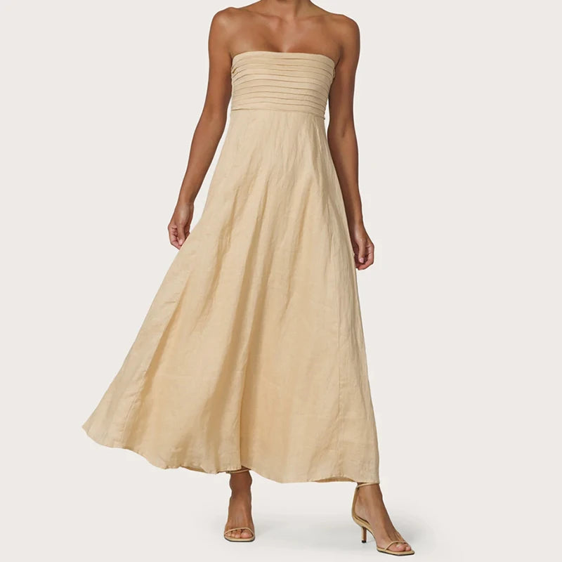 LIZAKOSHT  -  Women Tube Maxi Dress Ruched Strapless Bodice A Line Long Dress Elegant Lady Sleeveless Flowy Summer Sundress Cocktail Party