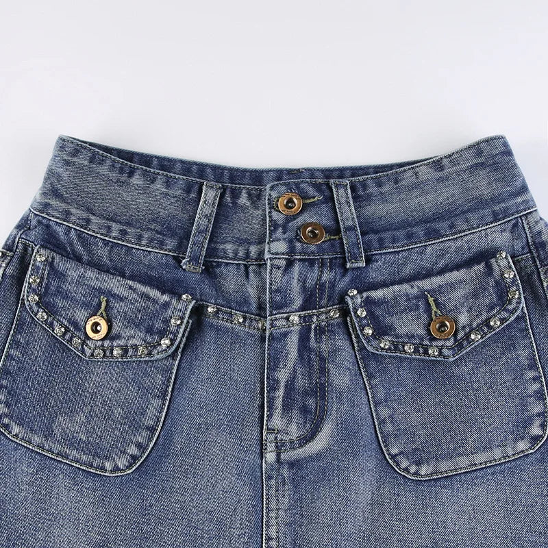 LIZAKOSHT High Street Vintage Pocket Diamonds Mini Denim Skirt Women High Waist Slim A-Line Short Skirt q659