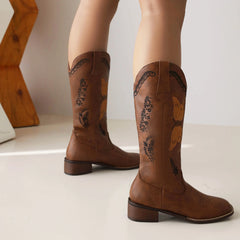 LIZAKOSHT  -  New Retro Embroidered Butterfly Western Cowboy Boots Square Head Thick Heel Thin Knight Boots Large Size Women's Boots 35&46