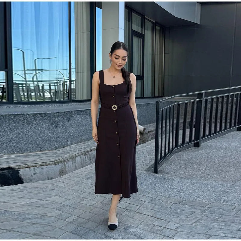 LIZAKOSHT  -  Elegant Single-Breasted Belt Sling Dress Women Fashion Sleeveless Waist-Cinching Pleated Robe 2025 Female Office New Dresses