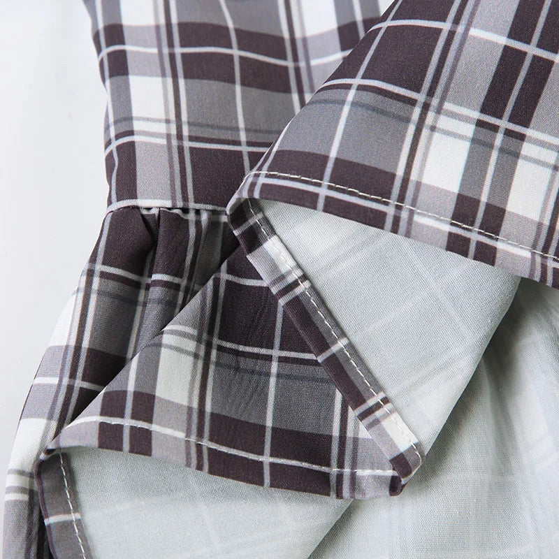 LIZAKOSHT  -  Women Plaid Folds Square Collar Y2K T-shirt Sweet Style Flying Sleeve Buttons Fitted Crop Top Cute Fashion Streetwear
