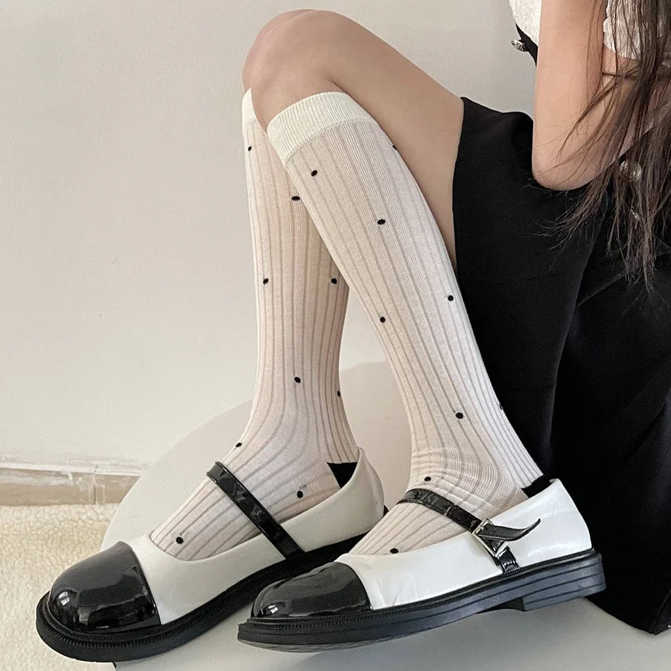 LIZAKOSHT -  Japanese Style Cotton Long Socks Stockings Polka Dot Sweet Girls Knee Socks JK Lolita Kawaii Cute Thigh High Socks Stockings