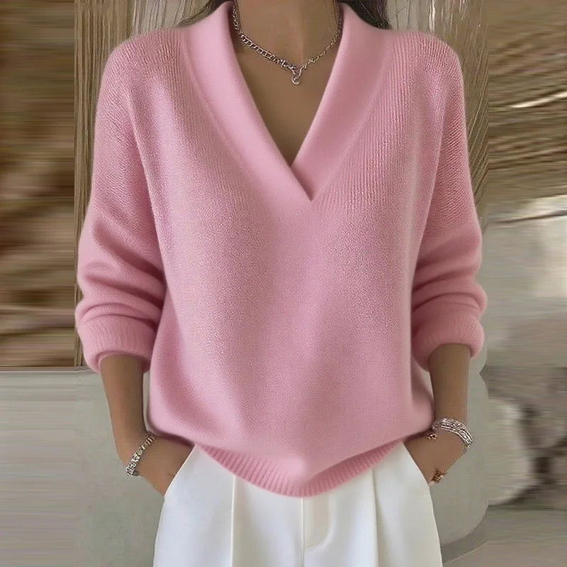 LIZAKOSHT  -  Deep V Neck Knit Sweater Women Long Sleeve Cuff Hem Ribbed Fuzzy Solid Casual Pullover Jumper Autumn Fashion Casual Tops