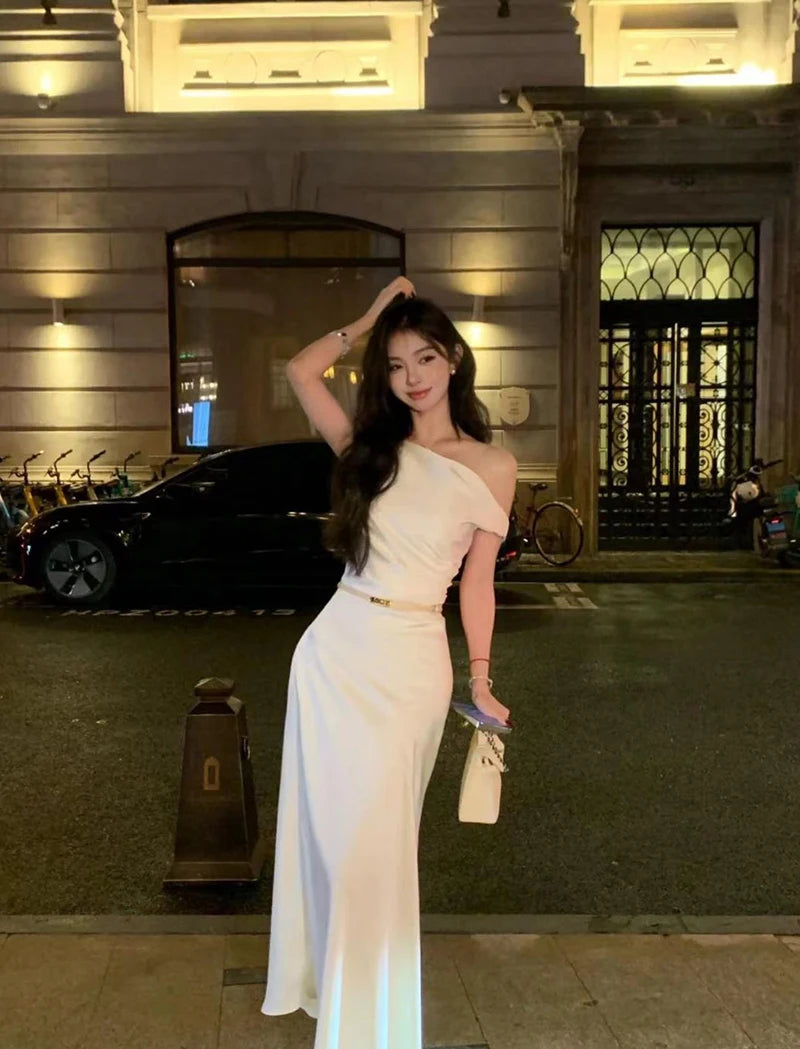 LIZAKOSHT  -  Satin Sexy Off Shoulder Dress Women Pink Skinny Elegant Soft Dress Classic Fashion Party Evening Gown Sleeveless Lady Vestidos