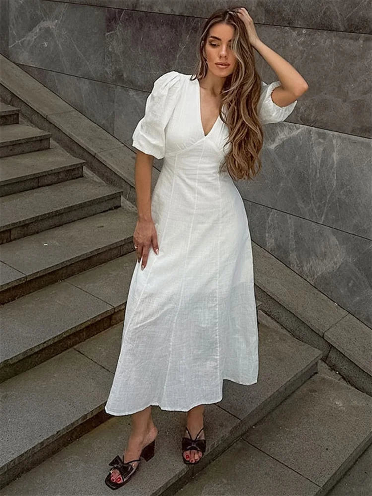 LIZAKOSHT  -  White Backless Summer Dress For Women Short Sleeve Slim V-Neck High Waist Elegant Commute Dress Female Bandage Long Dress