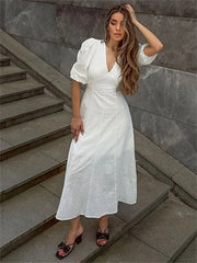 LIZAKOSHT  -  White Backless Summer Dress For Women Short Sleeve Slim V-Neck High Waist Elegant Commute Dress Female Bandage Long Dress