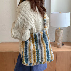 LIZAKOSHT  -  New Winter Autumn Plaid Furry Crossbody Bag Women Large Capacity Retro Shoulder Tote Bucket Bag Simple and Versatile Storage Bag