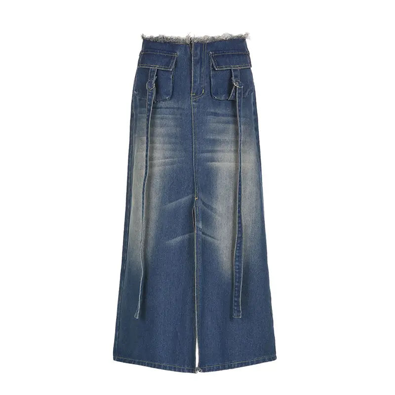 LIZAKOSHT  -  Denim Skirt Streamer Slit Long Skirt Burr High Waist Slim European And American Spice Girls A-Line Skirt Tide
