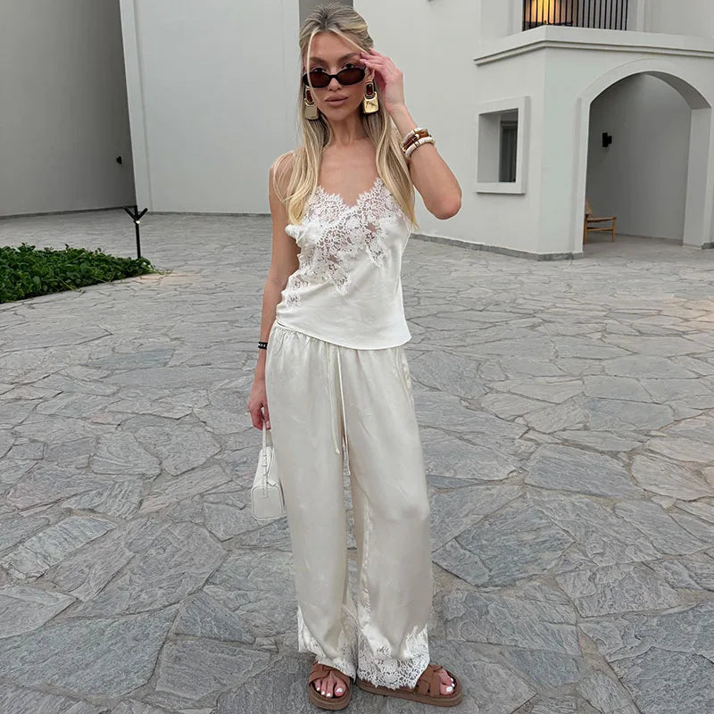 LIZAKOSHT  -  Elegant Satin Lace Patchwork Long Pants Set for Women Fashion Solid Female Sling Vest Shorts Set Summer Lady 2 Pcs Outfits