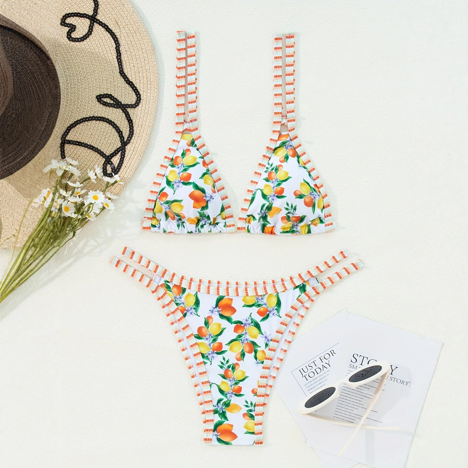 LIZAKOSHT  -  Sexy Orange Print Micro Bikini Women Double Strap Push Up Bra Hollow Out Thong Swimsuit Beach Bathing Suit Holiday Swimwear