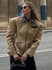 LIZAKOSHT  -  Casual Lapel Patchwork Coat Women Chic Long Sleeve Pockets Zipper Slim Fit Jacket 2025 Autumn Lady Daily Commute Outerwear