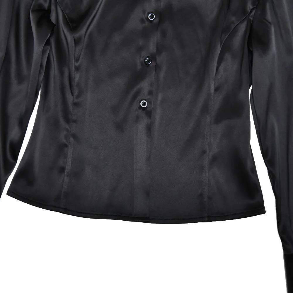 LIZAKOSHT  -  Waist-Snug Lapel Button-Front Satin Blouse Tops 2026 Spring Chic Elegant  Long-Sleeve Slim Top Fashion Chic Office Lady Shirt