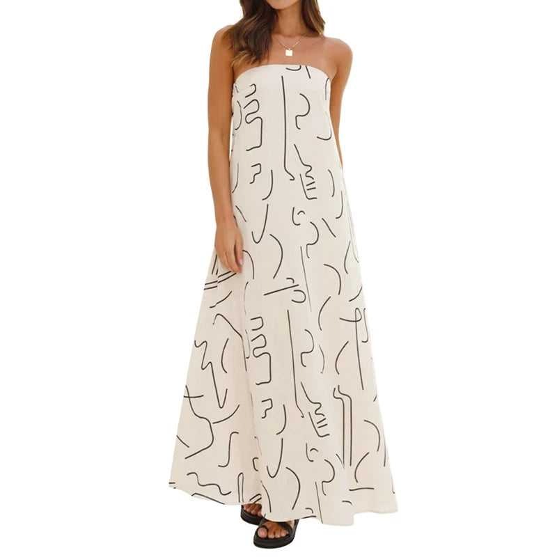 LIZAKOSHT  -  Women Graphic Strapless Long Tube Dress Vintage Off Shoulder Backless Maxi Dress Flowy Summer Holiday Beach A-line Dress