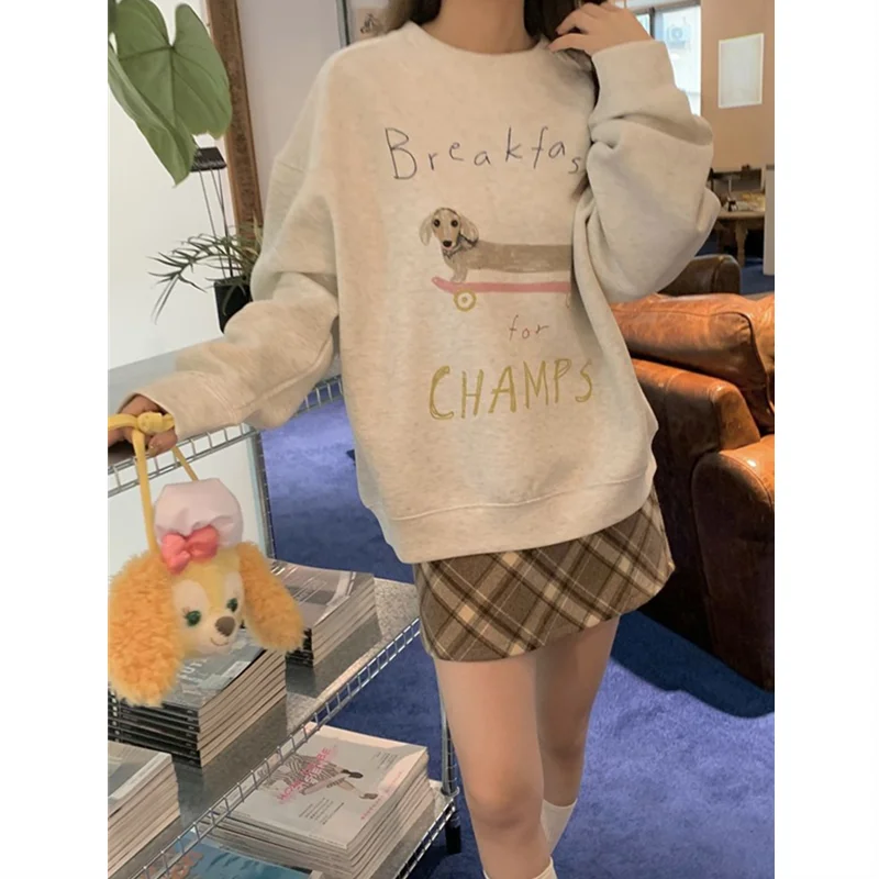 LIZAKOSHT  -  Thick Fleece Sweatshirt for Women Heavyweight Cotton Letter Print Oversize Drop-shoulder Grey Pullover Korean Chic Sweatshirts