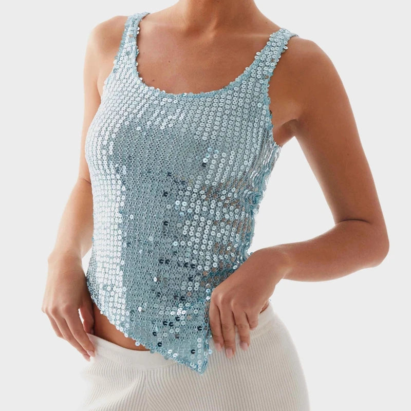 LIZAKOSHT  -  Women's Sparkly Sequins Tank Top Sleeveless Shiny Glitter Cami Top Slim Fit Vest Sexy Night Out Crop Top Streetwear