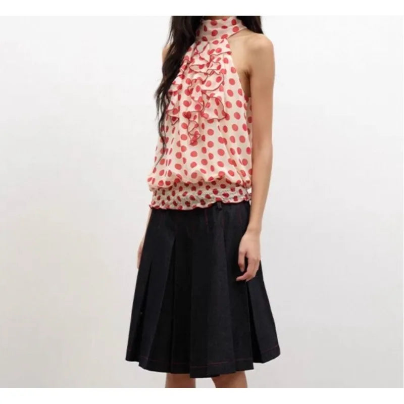 LIZAKOSHT  -  2026 Summer Polka Dot Half Turtleneck Splicing Loose Sleeveless Women's Top T-Shirt