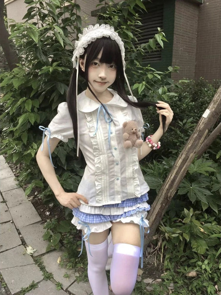 LIZAKOSHT  -  Summer New Kawaii Sweet Print Lolita Short Sleeve Doll Collar Shirt Fashion Japanese Cute Slim Pink Bow T-Shirts Women