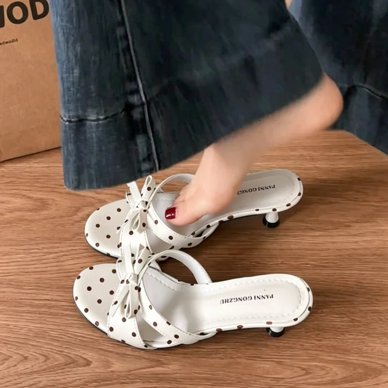 LIZAKOSHT  -  Street Style Satin Butterfly-knot Women Slippers Fashion Polka Dot Thick Heels Party Dress Slide Ladies Summer Polka Dot Shoes