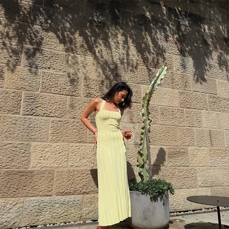 LIZAKOSHT  -  Sexy Knitted Halter Long Dress Women Sleeveless Backless Lace Up Waist Cinching Slim Dresses Lady Summer Chic Casual Party Robes