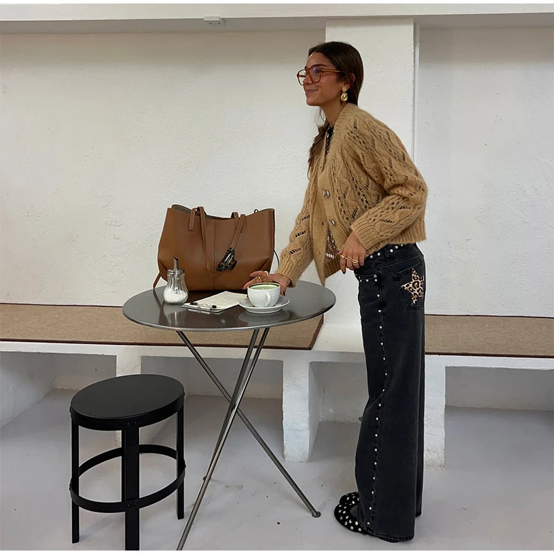 LIZAKOSHT  -  Chic Diamonds Leopard Pentagram Pants For Women Straight-leg Ankle-length Pocket Jeans 2025 Spring Summer Female Casual Trousers
