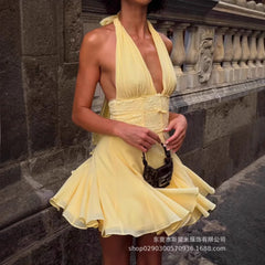 LIZAKOSHT  -  Summer Yellow Lace Women Prom Dress Sexy V Neck Halter Sleeveless Backless Party Gown Short Mini Robe Casual Beach Holiday Skirt