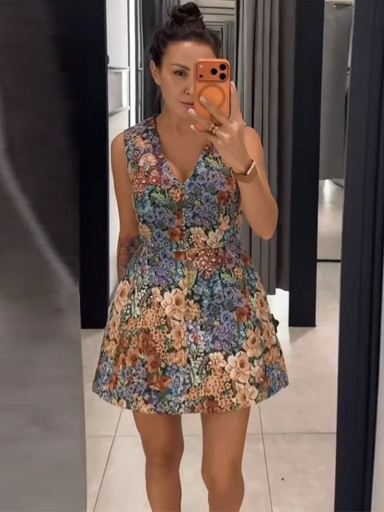 LIZAKOSHT  -  Vintage Print Mini Dress Women Mixed Floral Midi Dresses Sleeveless V Neck Button Front A Line Dress Summer Vacation Clothes